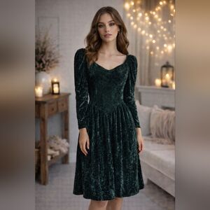 Vintage Green Velvet Puff Sleeve Dress Romantic Gothic Cottagecore Union Made